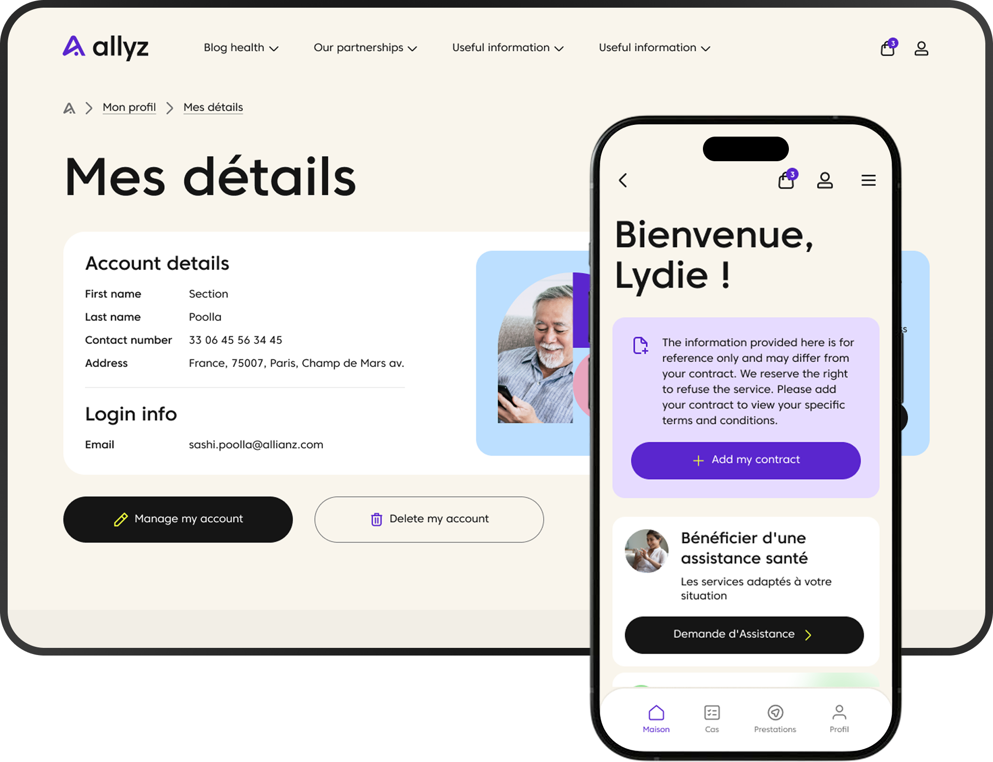 Allyz Assist account and assistance request screens