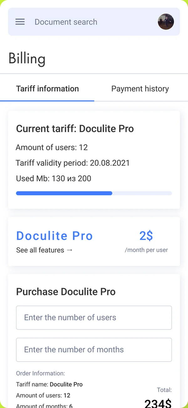 Doculite — tariff and billing on mobile