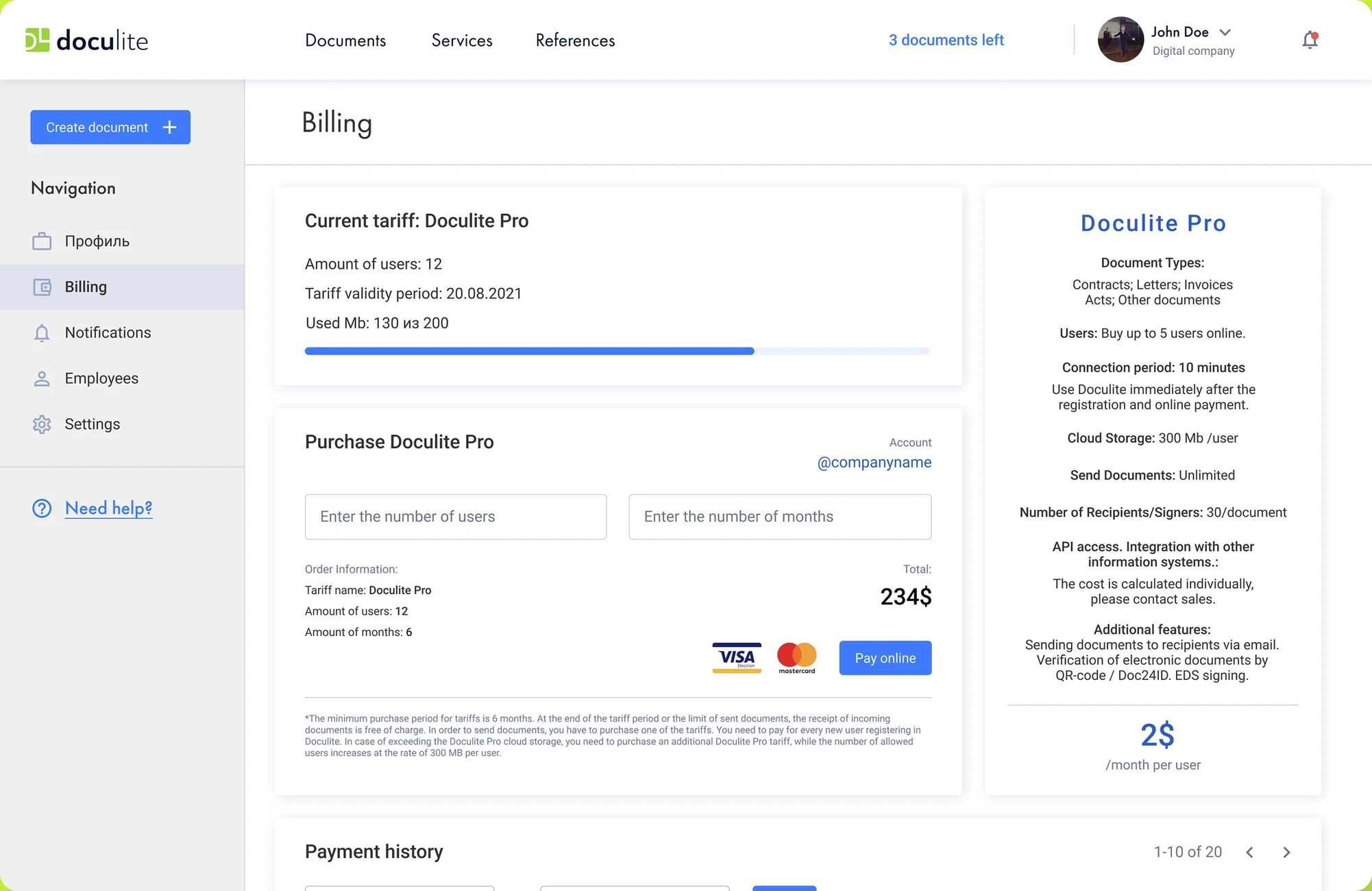 Doculite — tariff and billing
