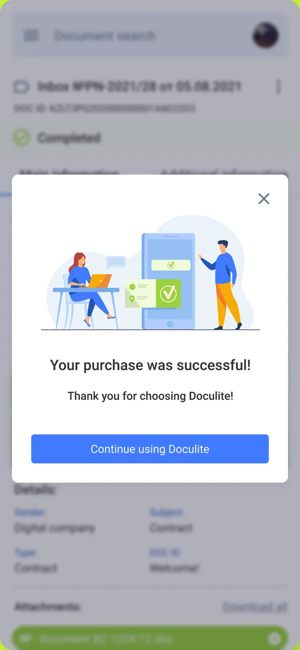 Doculite — purchase confirmed on mobile